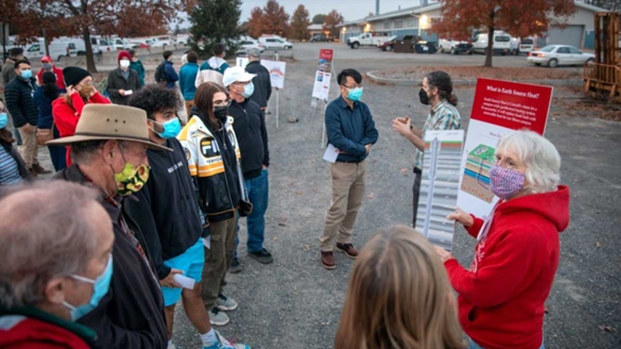 Faculty in the College of Engineering answer questions from the community during an open house held on Nov. 9, 2021 at the site of Cornell University Borehole Observatory.