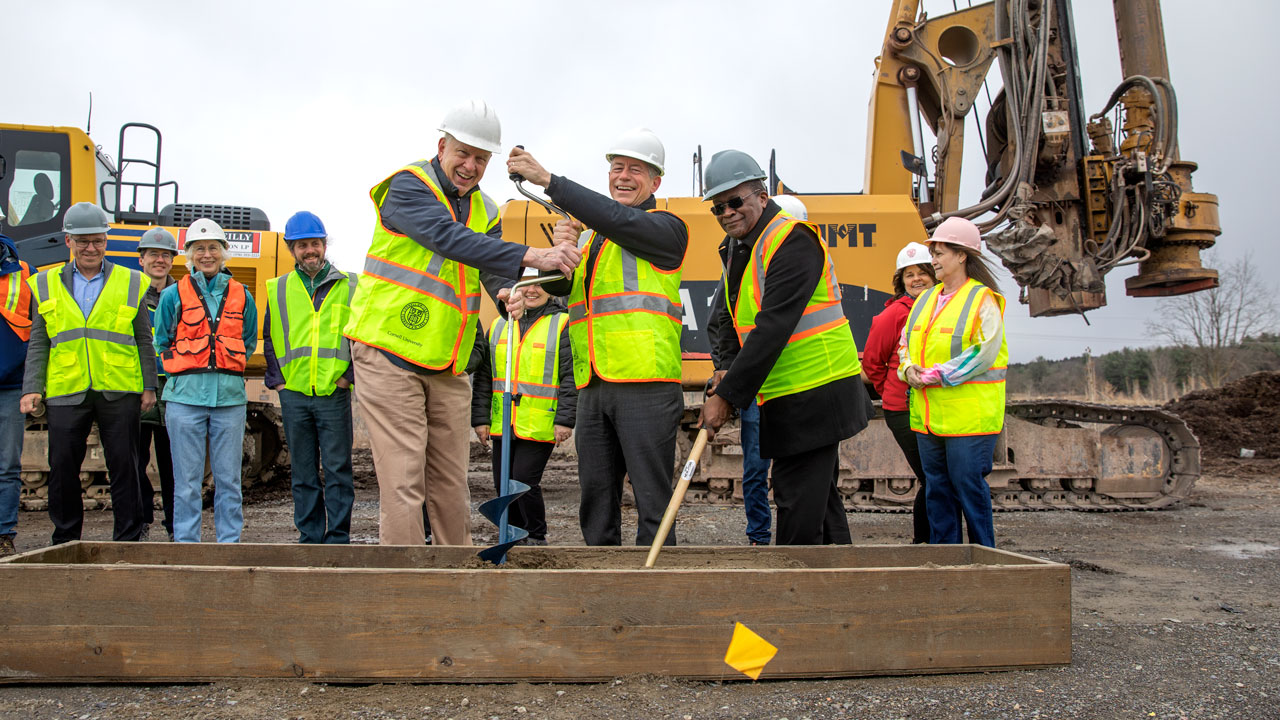 Jeff Tester, David Croll Sesquicentennial Fellow and professor of chemical and biomolecular engineering; Rick Burgess, vice president for facilities and campus services; and Lynden Archer, the Joseph Silbert Dean of Engineering, pose for a photo during the groundbreaking ceremony for the Cornell University Borehole Observatory (CUBO).